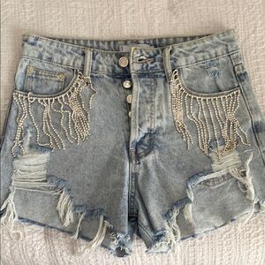 Women's Distressed Denim Shorts with Pearl Fringe